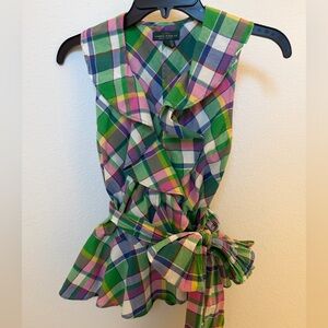 Ralph Lauren Plaid Ruffled Sleeveless Peplum Top with Waist Tie